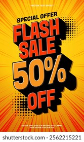 Background comic style promotional poster for a flash sale special offer discounts up to 50% off