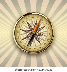 Fondo con brújula sobre fondo de ráfaga, diseño de vector retro.