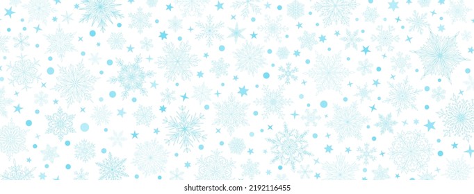 Background of complex big and small Christmas snowflakes in light blue colors. Winter illustration with falling snow