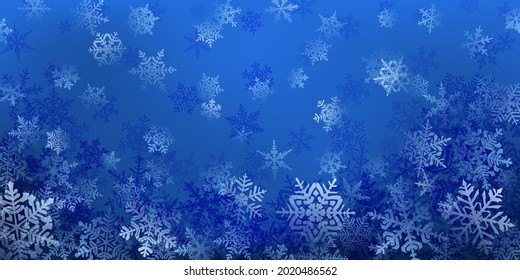 Fondo de complejos copos de nieve navideños en colores azules. Ilustración de invierno con nieve en caída