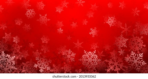 Fondo de complejos copos de nieve navideños en colores rojos. Ilustración de invierno con nieve en caída