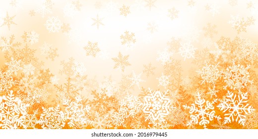 Fondo de complejos copos de nieve navideños en colores amarillos. Ilustración de invierno con nieve en caída