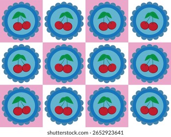 Fundo composto de cerejas vermelhas, folhas verdes, círculos e semicírculos em diferentes tons de azul e quadrados em rosa e branco