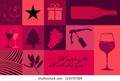 Background composition with drawings of wine and holidays graphics. Collage with wine stains, star, gift glasses, tree, grapes, vineyard lines and forest leaves. Vivid colors of wine. vector