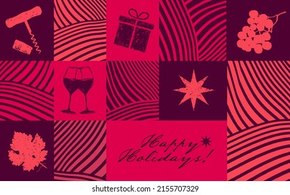 Composición de fondo con viñas, dibujos de vino y gráficos festivos. Collage con hileras de vides, estrella, copas de vino, regalo, uvas, corktornillo. Colores vivos de vino. ilustración vectorial