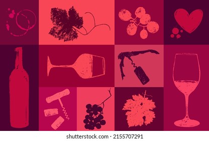 Background composition of wine drawings. collage with wine stains, vine leaf, grapes, heart, bottles, glass and corkscrew. Vivid colors of wine. vector illustration