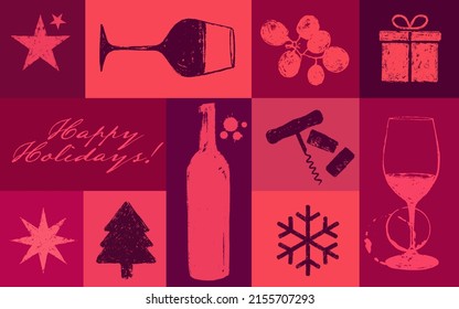 Background composition with wine drawings and festive graphics. Collage with wine stains, star, wine glasses, gift, tree, grapes, snow symbol. Vivid colors of wine. vector illustration