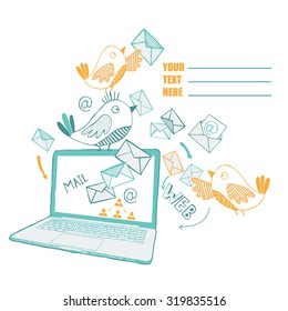 Background with computer, e-mail and cute birds.