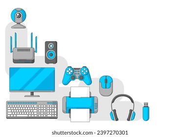 Background with computer equipment. Gaming technology and work devices.