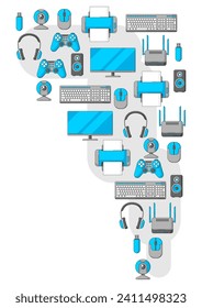 Fondo con equipo informático. Tecnología de juegos y dispositivos de trabajo.
