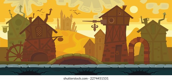 Background for computer game, medieval city. Seamless background. Vector assets  for mobile games. 
Half-timbered houses, pavement and castle on the mountain. Cartoon vector illustration