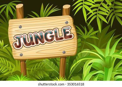 Background for computer game with wooden sign with space for text. Landscape with tropical jungle scene. Vector illustration.