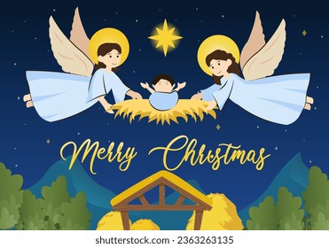 Background concept angels and Jesus with people scene in the flat cartoon style. A pair of angels take the newborn Jesus away to glorify him. Vector illustration.