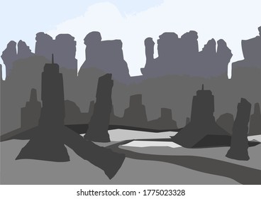 Background concept art rocks, mountains gray city