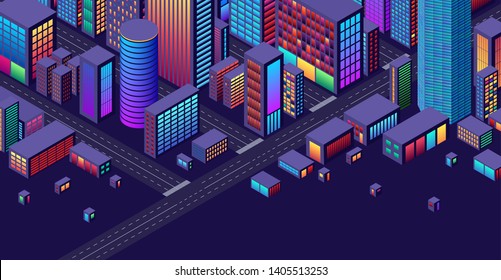 Background with concept of city and suburbs or outskirts view with isometric perspective and vibrant shiny neon colors