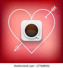Background concept of cup of coffee and heart pierced by an arrow. Vector Illustration, isolated.