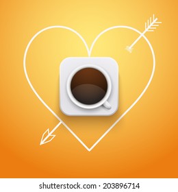 Background concept cup of coffee and heart with arrow. Vector Illustration.