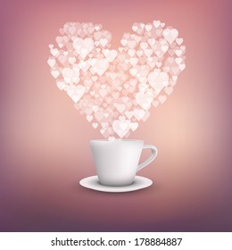 Background concept of cup of coffee and small hearts in the loop. Vector Illustration, isolated.