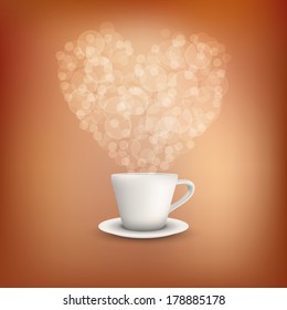 Background concept of cup of coffee and small hearts in the loop. Vector Illustration, isolated.