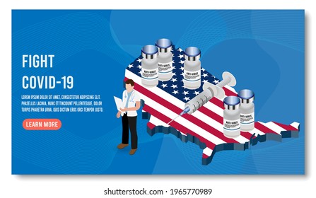 Background Concept of fight against virus with Doctor, Vaccine and USA map. Modern flat web landing page design template. Vector illustration eps 10