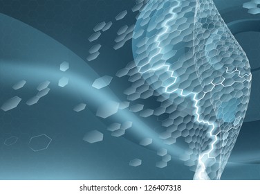 Background concept with hexagon pattern and lightning or electricity arcing along grid
