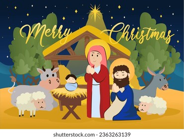 Background concept holy family with people scene in the flat cartoon design. Mary and Joseph glorify their newborn son, whose purpose is to save the world. Vector illustration.