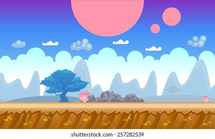 Background Concept For A Mobile Or Video Game. Seamless Cartoon Fantasy Landscape. Vector Eps 10.