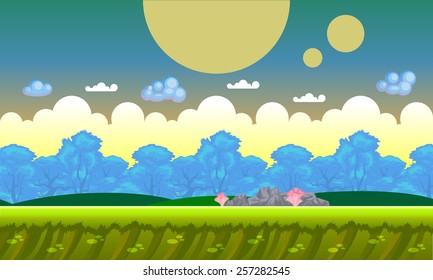 Background concept for a mobile or video game. Seamless cartoon fantasy landscape. Vector eps 10.