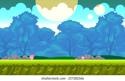 Background concept for a mobile or video game. Seamless cartoon fantasy landscape. Vector eps 10.