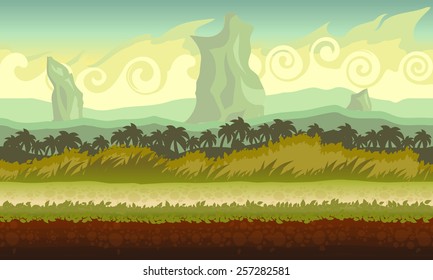 Background Concept For A Mobile Or Video Game. Seamless Cartoon Fantasy Landscape. Vector Eps 10.