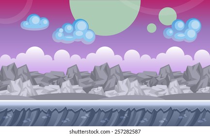 Background concept for a mobile or video game. Seamless cartoon fantasy landscape. Vector eps 10.