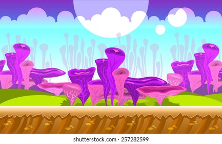 Background concept for a mobile or video game. Seamless cartoon fantasy landscape. Vector eps 10.