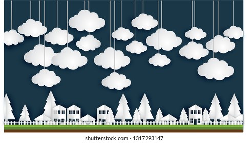 Background concept of nature and village town Art paper style