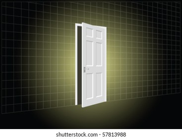 Background concept of open door on yellow background with copy space for own text
