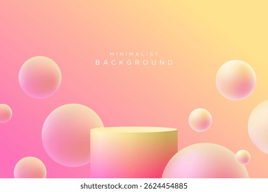 Concepto de fondo. Realista 3D minimalista maqueta pedestal podio y bola de burbuja color naranja y rosa. Producto Abstractas del soporte, presentación de la exhibición, escenario para el escaparate. Vector