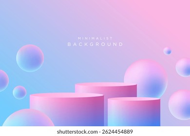 Conceito de histórico. Realista 3D minimalista mockup pedestal 3 pódio e bolha bola cor rosa e azul. Produto de suporte abstrato, apresentação de exibição, Palco para vitrine. Vetor
