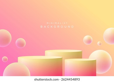 Conceito de histórico. Realista 3D minimalista mockup pedestal 3 pódio e bolha bola cor laranja e rosa. Produto de suporte abstrato, apresentação de exibição, Palco para vitrine. Vetor