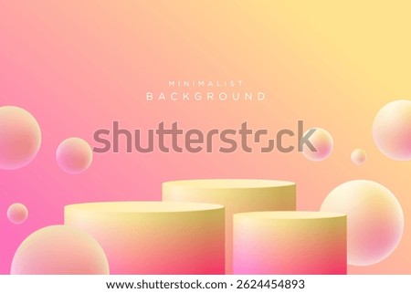 Background Concept. Realistic 3D minimalist mockup pedestal 3 podium and bubble ball color Orange and Pink. Abstract stand product, display presentation, Stage for showcase. Vector