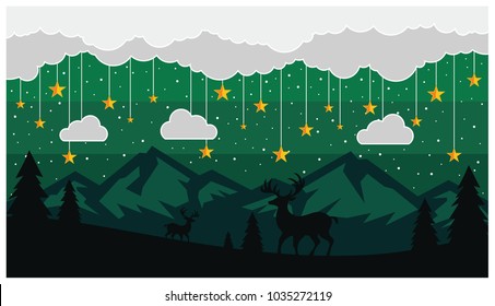 Background with the concept of stars, clouds, and Mountains. Vector illustrations