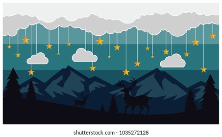 Background with the concept of stars, clouds, and Mountains. Vector illustrations