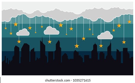 Background with the concept of stars, clouds, and skyline. Vector illustrations
