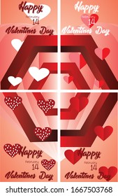 
Antecedentes del concepto de San Valentín. Ilustración vectorial. Decoración hexagonal 3d con cuatro conceptos diferentes. Carteles de venta de amor o tarjetas de felicitación