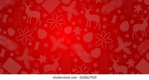 Background Christmas with Fancy Elements Reindeer, Pine Cone, Present,Star Anise, Button,Holly leaves,Pine Branch. Christmas Elements on Red Background. Website Merry Christmas, Background or Banner