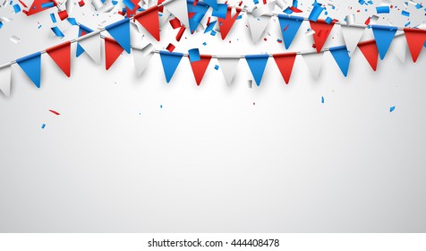 Background with confetti and garland of flags. Vector illustration.