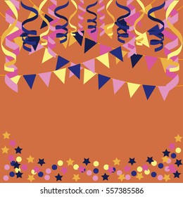 background with confetti, paper streamers and triangular party flags - vector