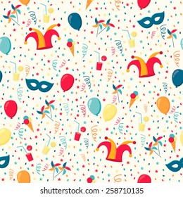 Background with confetti, ribbons, jester hat, mask and other party elements. Seamless pattern