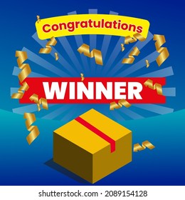 Banner de felicitación de fondo sobre el ganador azul
