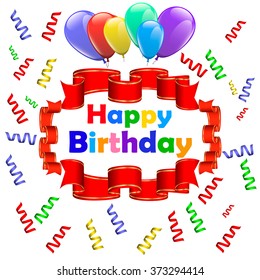 Background for a congratulation happy birthday with red ribbons and balloons