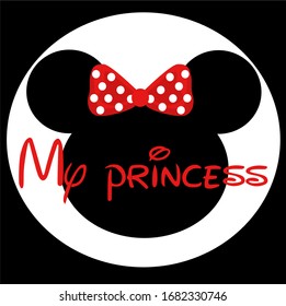 
background for congratulations girls. text my princess on the background of a black mouse head with a red bow.
stock isolated illustration  for printing on postcards,websites,shop advertising,cartoon