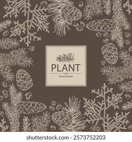 Background with conifers: cedar and cone, spruce tree, taxus baccata and thuja plicata. Cosmetics and medical plant. Vector hand drawn illustration.